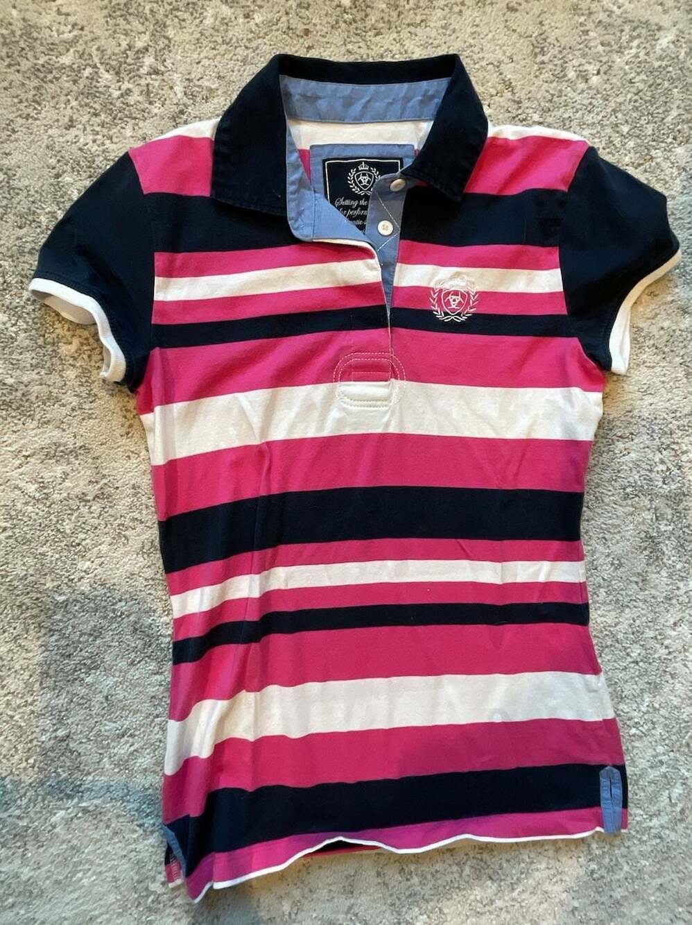 Ariat Women's Pink White and Navy Striped Short Sleeve Polo Shirt